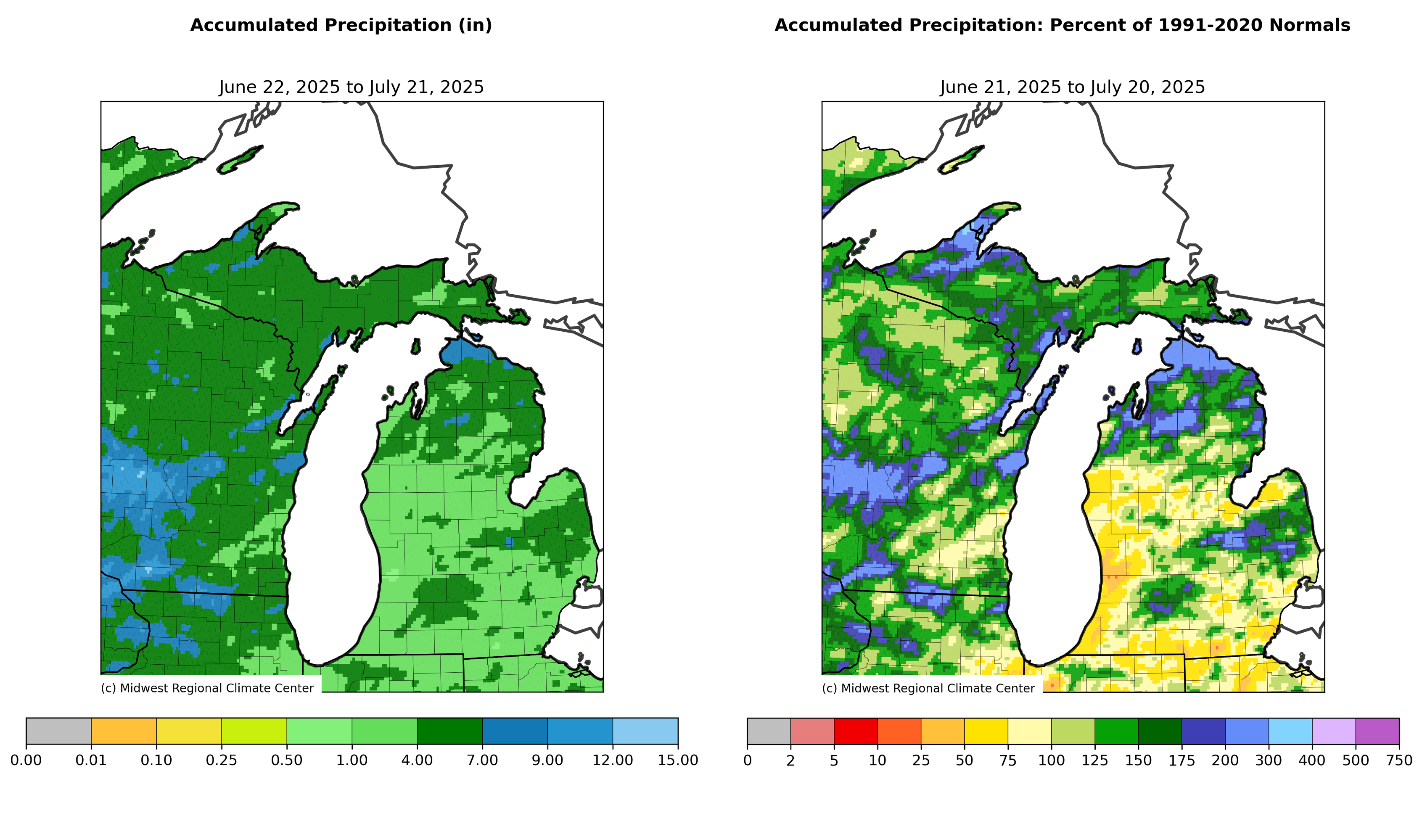 Accumulated Precipitation (June 22–July 21, 2025) Left Panel: A map of Michigan showing total precipitation in inches. Most areas received 2–7 inches, with some pockets in northern Michigan and Wisconsin receiving up to 12 inches. Green to blue shades represent higher rainfall totals. Right Panel: The same region with percent of normal precipitation based on 1991–2020 averages. Southeastern Michigan is below normal (yellow), while some northern and central areas are above normal (green to blue), indicating rainfall variability.